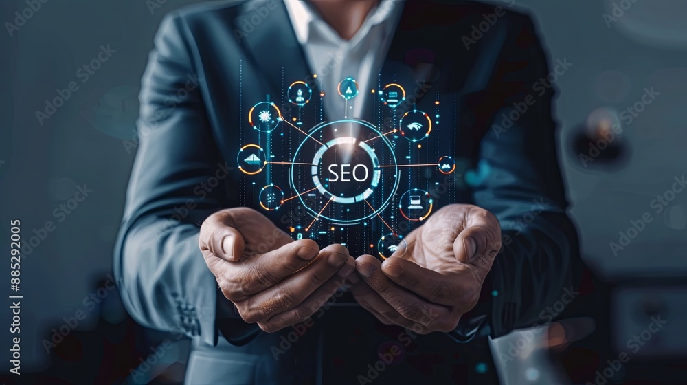 Poster businessman hold virtual seo icon to analyze seo search engine optimization for promoting ranking tr