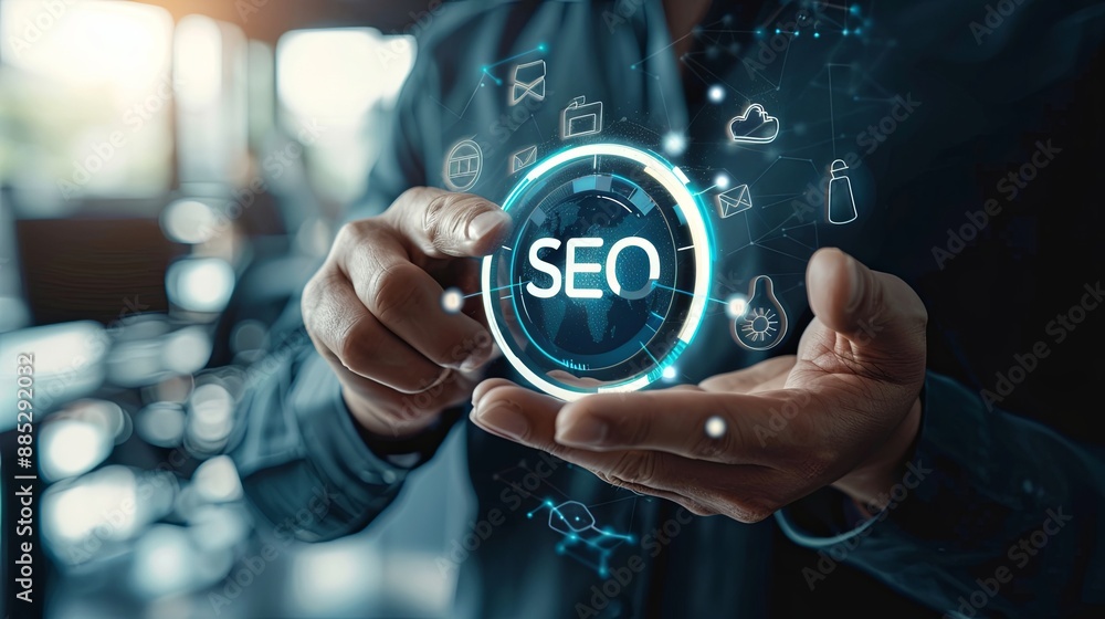 Poster businessman hold virtual seo icon to analyze seo search engine optimization for promoting ranking tr