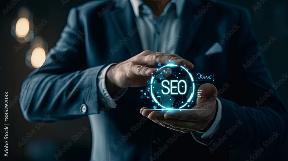 Poster businessman hold virtual seo icon to analyze seo search engine optimization for promoting ranking tr