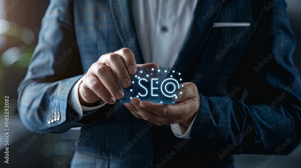 Aufkleber businessman hold virtual seo icon to analyze seo search engine optimization for promoting ranking tr