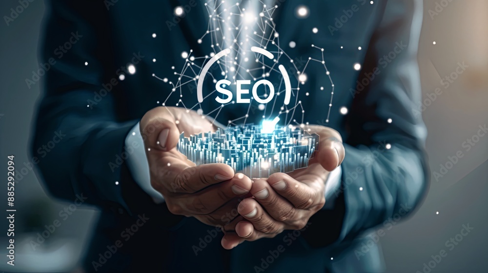 Poster businessman hold virtual seo icon to analyze seo search engine optimization for promoting ranking tr