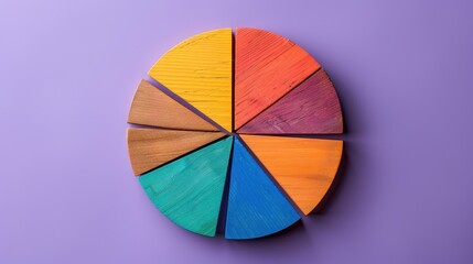 Fototapeta premium Financial Distribution Analysis Concept with Wooden Blocks Pie Chart on Purple Background Flat Lay