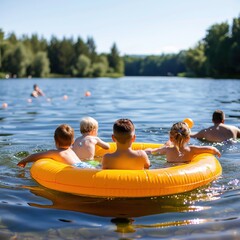 Tranquil Labor Day: Family Enjoying Lakeside Relaxation with Children Swimming