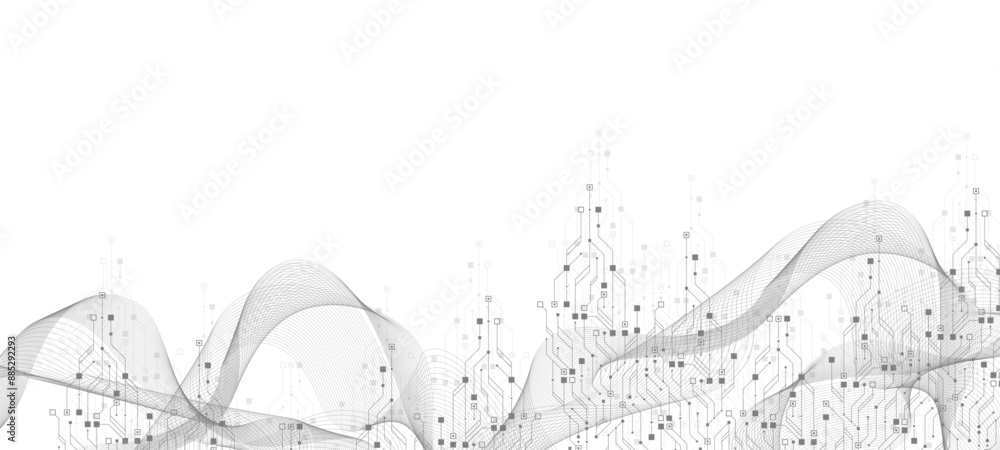 Fototapete Artificial Intelligence or machine learning vector design. Quantum computer technology concept with circuit board and motherboard texture background design. Waves flow quantum explosion