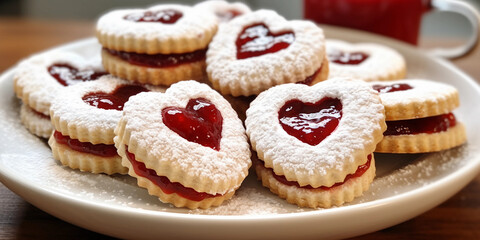 Heart-shaped jam Cookies with on a White Plate