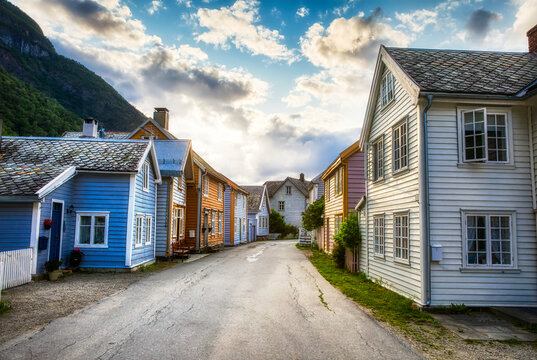 Evening at Gamle Laerdalsoeyri in Vestland, Norway, with the Old Wooden Buildings