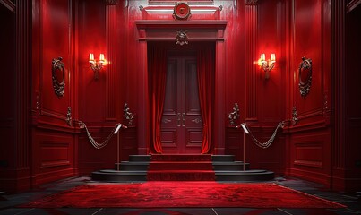 a red room with a red carpet and yellow lights on