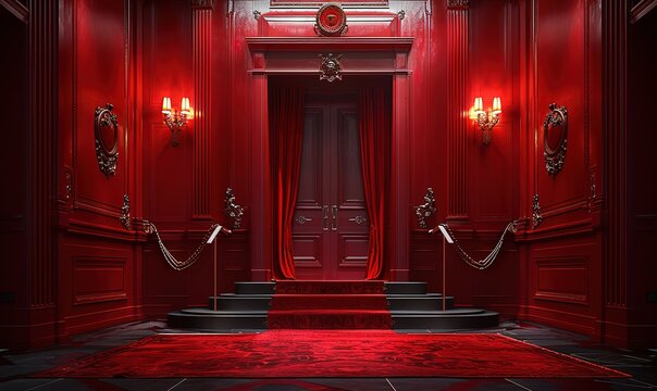 a red room with a red carpet and yellow lights on