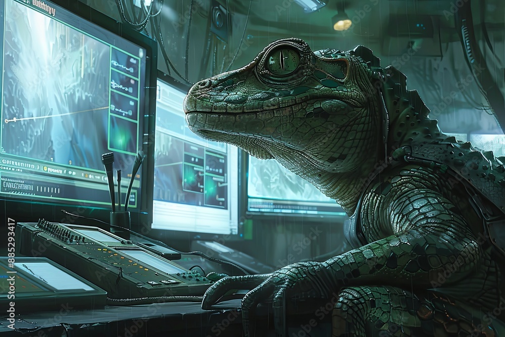 Aufkleber a reptilian creature sits in a darkened command center, using advanced technology to monitor data on