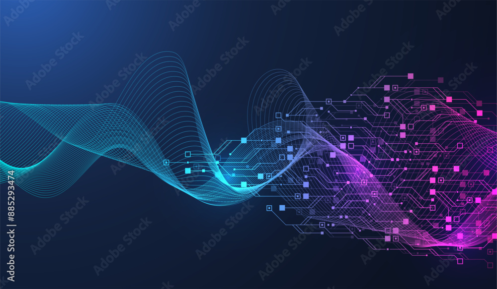 Aufkleber Artificial Intelligence or machine learning vector design. Quantum computer technology concept with circuit board and motherboard texture background design. Waves flow quantum explosion