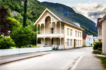 Evening at Gamle Laerdalsoeyri in Vestland, Norway, with the Old Wooden Buildings