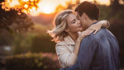 Fototapeta premium A man and woman kissing each other in a park at sunset, AI
