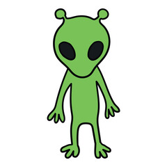 Hand drawn cartoon green alien on white background.