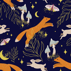 Magical forest vector seamless pattern with red fox, rabbits, butterflies night moths, mushrooms, twigs, leaves, stars, crescents and fairy dust on dark background