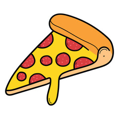 Hand drawn cartoon slice of pizza with melted cheese on white background.