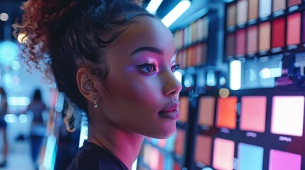 A makeup artist using advanced techniques in a vibrant, attractive setup