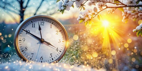 A close-up of a clock face with blurred background, highlighting the subtle change from winter to summer time, symbolizing the seasonal time shift.