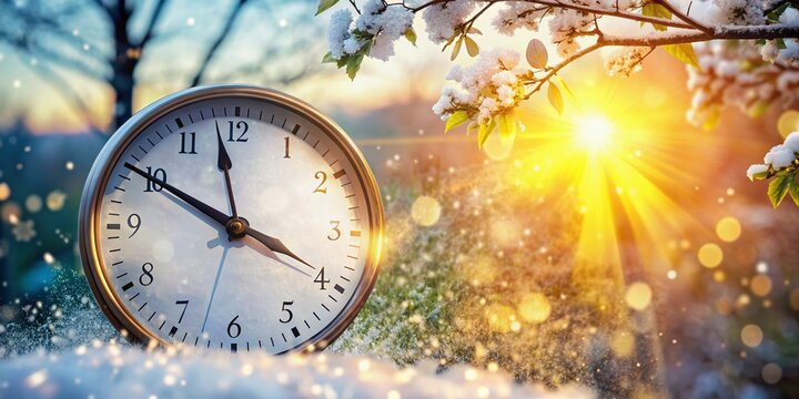A close-up of a clock face with blurred background, highlighting the subtle change from winter to summer time, symbolizing the seasonal time shift.