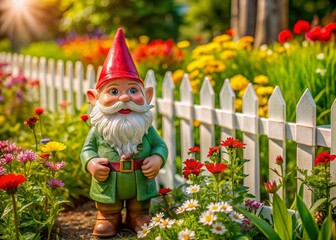 Whimsical gnome statue with bright red hat stands amidst vibrant flowers, lush green lawn, and charming white picket fence, with ample copy space available.
