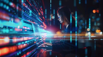 Fototapeta premium Digital technology, internet network connection, big data, digital marketing LOT internet of things. Woman using modern computer surfing internet futuristic metaverse, innovative technology background