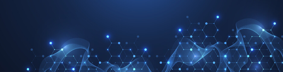 Modern health care or medical background design. Health care innovation concept. Horizontal header web banner. Abstract geometric background with hexagon shapes for medicine, science, chemistry.