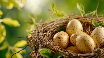 Obraz premium Close-up of speckled eggs in a nest with green foliage background. Perfect for Easter, nature, and spring themes.
