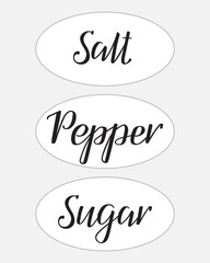 Salt, pepper, sugar. Handwritten stickers for salt, pepper and sugar jars. Inscription in English. Modern brush ink calligraphy. Hand lettering. Vector text. Labels for kitchen spices.
