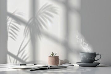 Steaming cup of hot coffee or tea with setting on white table with open notepad, plant, gadget. Work from home. A serene workspace setup. Gray desk set in a modern office workplace. Coffee break