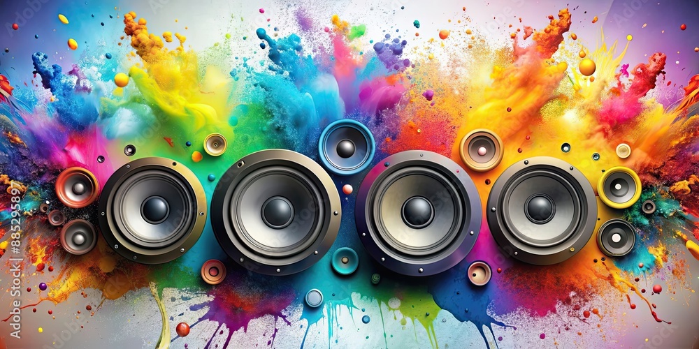 Wall mural Abstract background featuring speakers surrounded by colorful splashes of paint, abstract, background, speakers, colorful