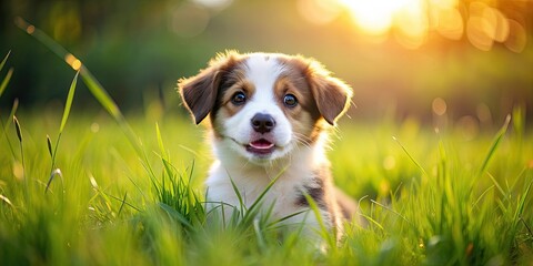 Playful puppy in a grassy field, cute, pet, animal, dog, canine, playful, happy, outdoor, grass, field, nature, adorable, furry