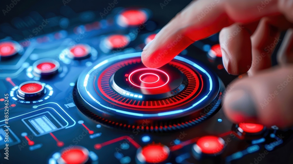 Aufkleber a close-up of a futuristic control panel with a glowing interface and a hand interacting with the to