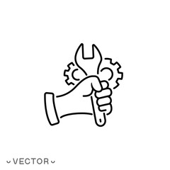 repair service, maintenance icon, support logo, hand with wrench, thin line symbol isolated on white background, editable stroke eps 10 vector illustration