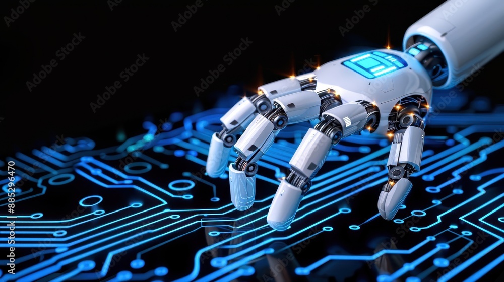 Poster a robotic hand touches a blue glowing circuit board, symbolizing the integration of artificial intel
