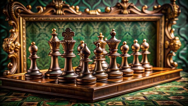 Dark wooden chessboard with intricately carved pieces on a luxurious velvet green background, surrounded by ornate golden frames and subtle shadows, evoking strategic thinking.
