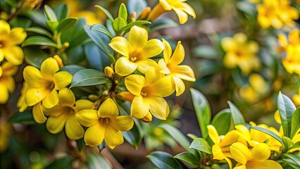 Vivid yellow Cascabela thevetia flowers with glossy green leaves on a blurred background, poisonous plant, ornamental