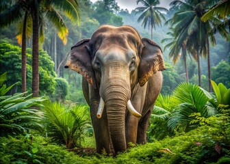 Fototapeta premium Majestic Asian elephant with tusks and wrinkled gray skin stands alone in a lush green jungle surrounded by tall trees and exotic foliage.