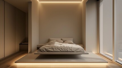 A minimalist bedroom with a floating bed and recessed lighting