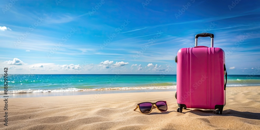 Sticker Pink suitcase and sunglasses placed on sandy beach, travel, vacation, summer, holiday, beach, sand, luggage, accessories