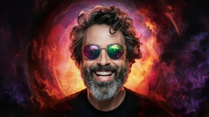 A man with a beard and glasses is smiling in front of an explosion, AI