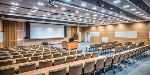 Obraz premium Empty auditorium with seats and desks, ready for a business training seminar or educational lecture, with a podium and projection screen at the front.