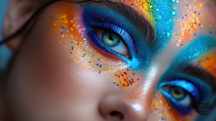 A makeup artist using advanced techniques in a vibrant, attractive setup