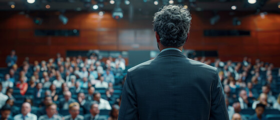 Entrepreneur presenting at conference, influencing large audience with leadership skills