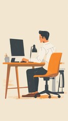 man home office working with laptop computer minimalistic style