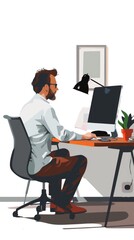 man home office working with laptop computer minimalistic style