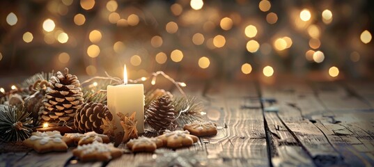White Christmas candle on rustic wooden boards - Natural elements, twigs, pine cones and cookies - First Advent Sunday, Advent banner, panorama with magical bokeh lighting