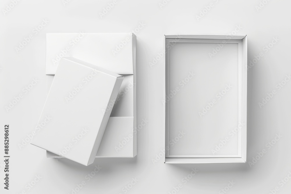 Poster three-dimensional rendering of an open and closed white realistic cardboard box with paper and a sti