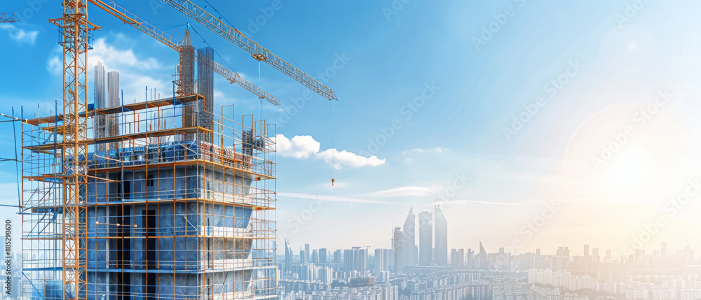 Poster dynamic skyline with cranes and scaffolding as modern skyscraper rises, showcasing architectural pro