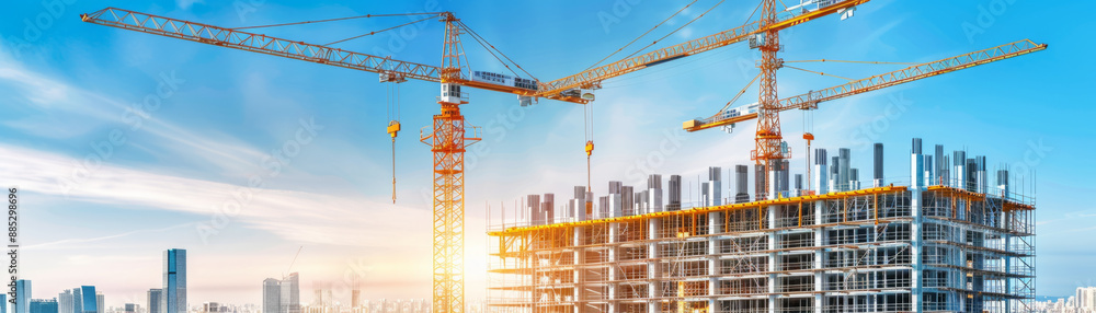 Poster modern skyscraper being built with cranes and scaffolding in city skyline, showcasing architectural 