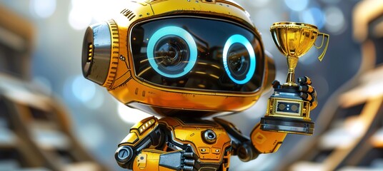 a yellow miniature robot is lifting a gold trophy with a blur effect in the background