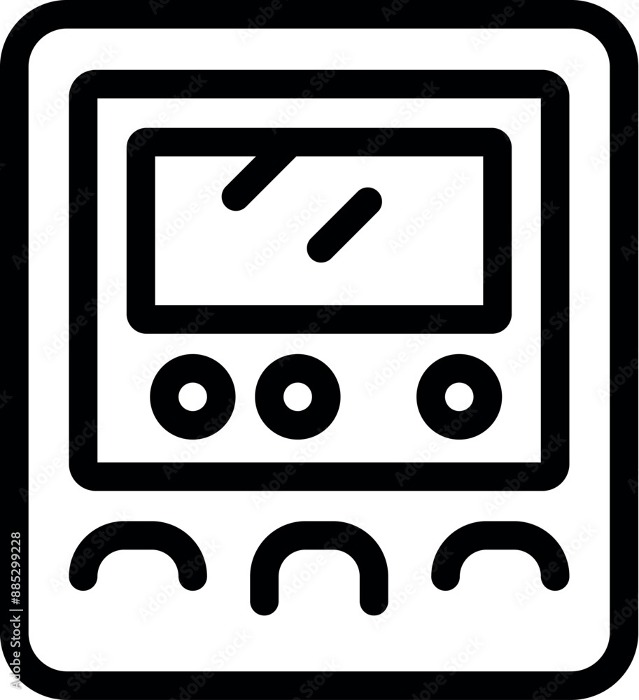Poster line icon of an electric meter, displaying power consumption data, with buttons for user interaction